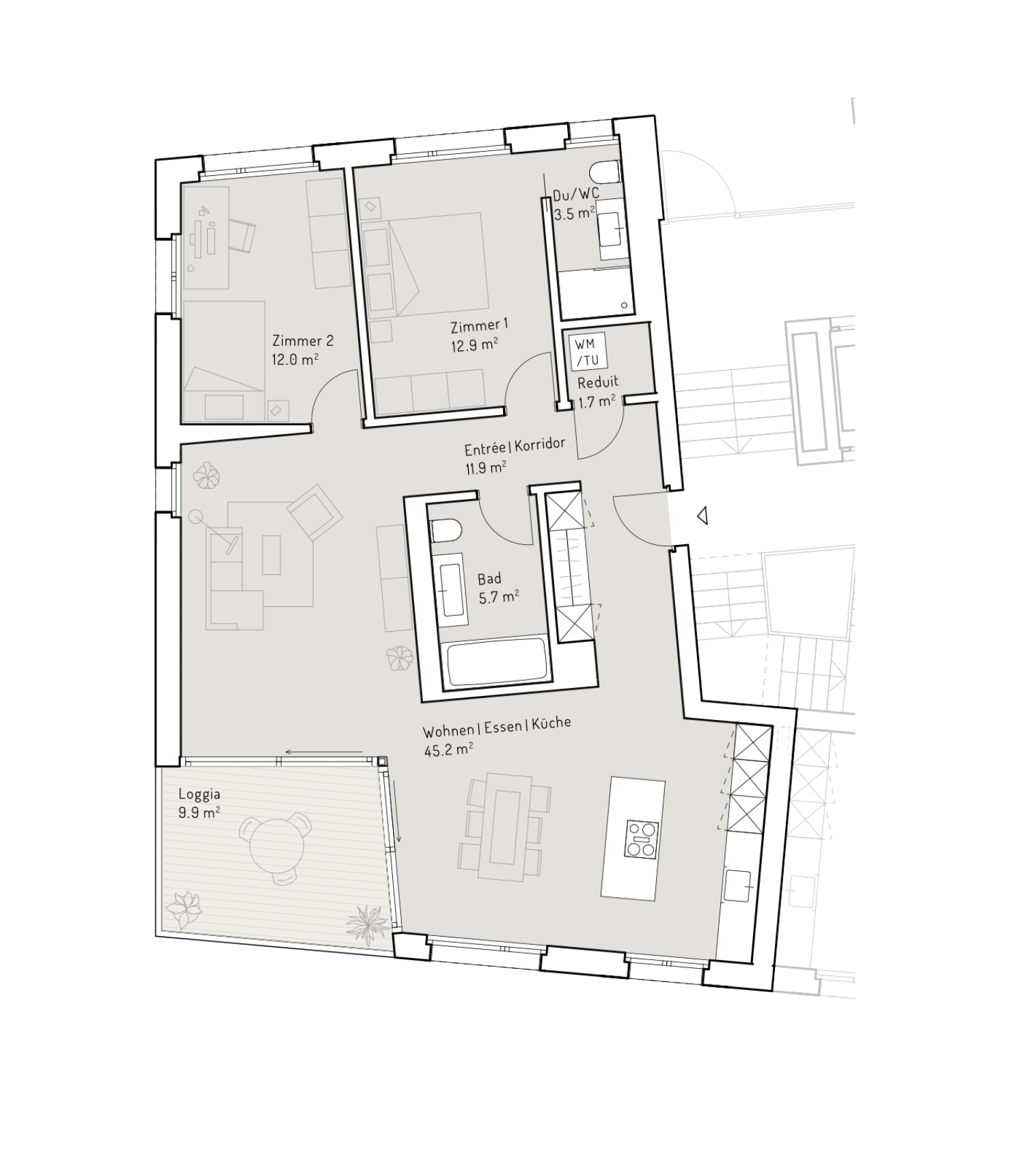 Grundriss Eckwohnung 3 1/2 Zimmer